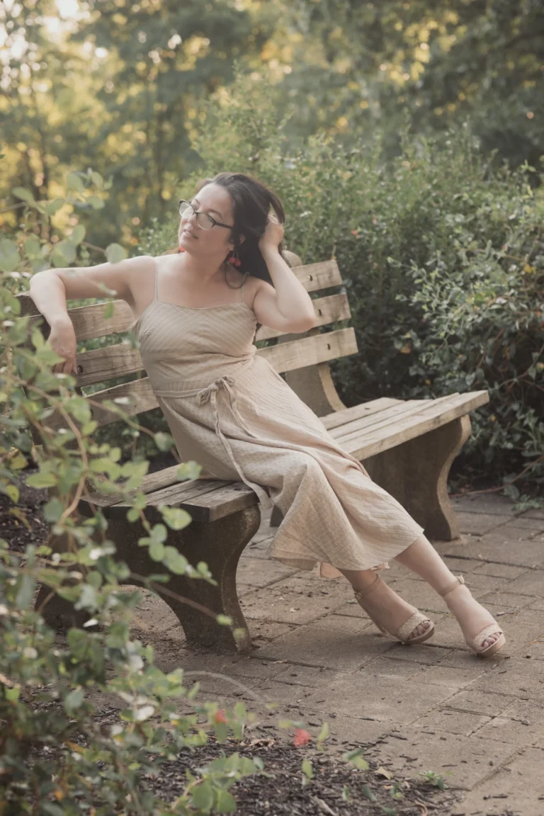 woman posing on a bench branding photo session at woodland mount cincinnati ohio