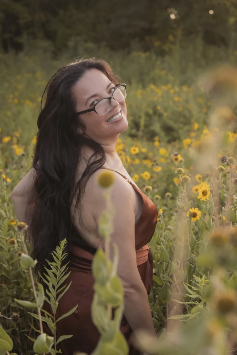 woman smiling in flower fields branding session at woodland mount cincinnati ohio